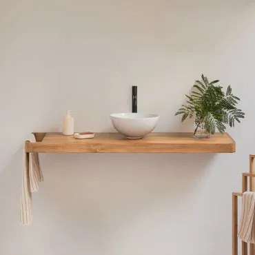 Conjunto De Móvel De Casa De Banho 130x45 Cm Suspenso Em Madeira De Teca Neill Madeira De Teca & Cerâmica Branca Redonda Ø30 Cm Calgari - Sklum