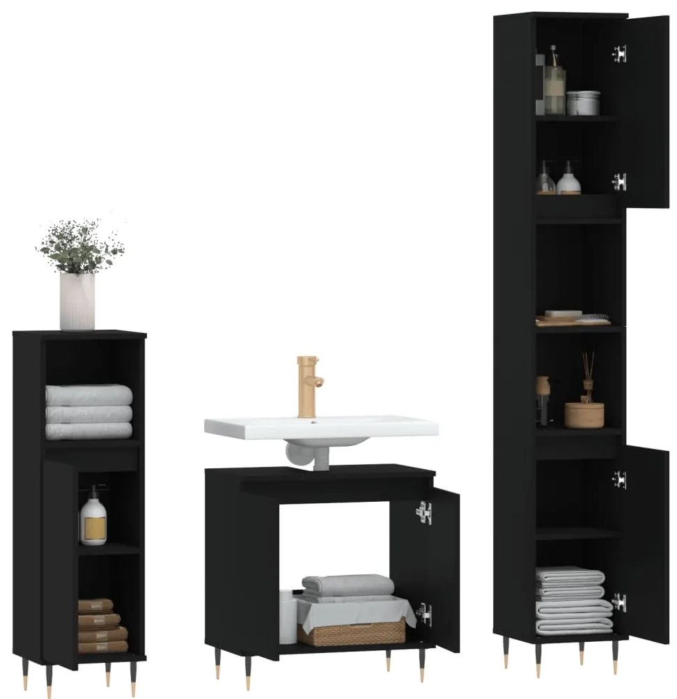 3 pcs conjunto móveis casa de banho derivados de madeira preto