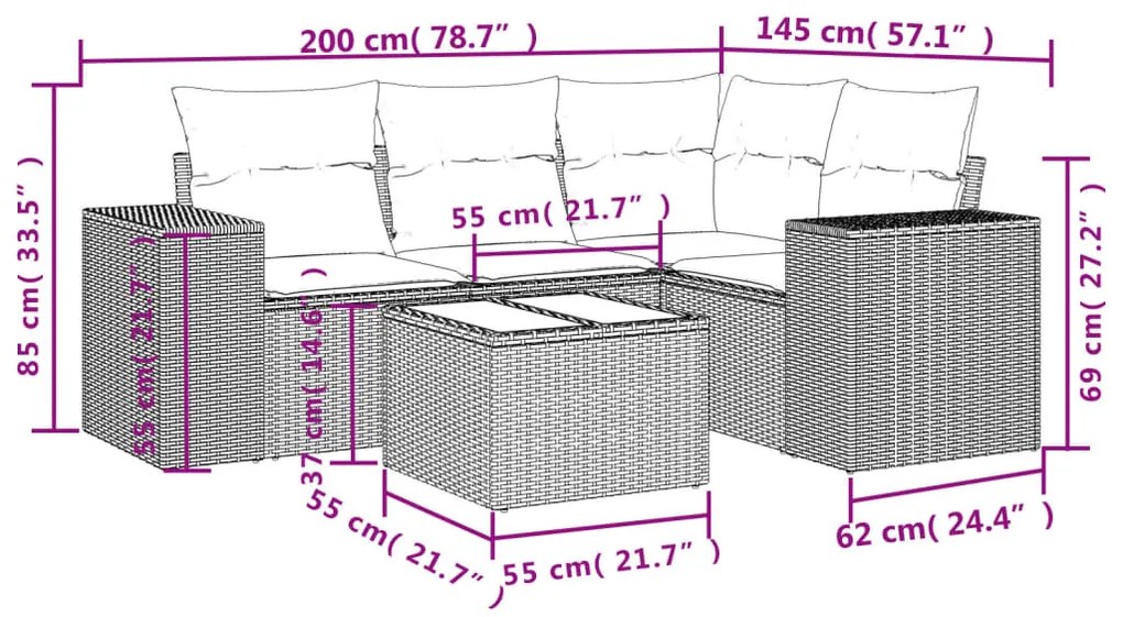 5 pcs conjunto sofás p/ jardim c/ almofadões vime PE castanho