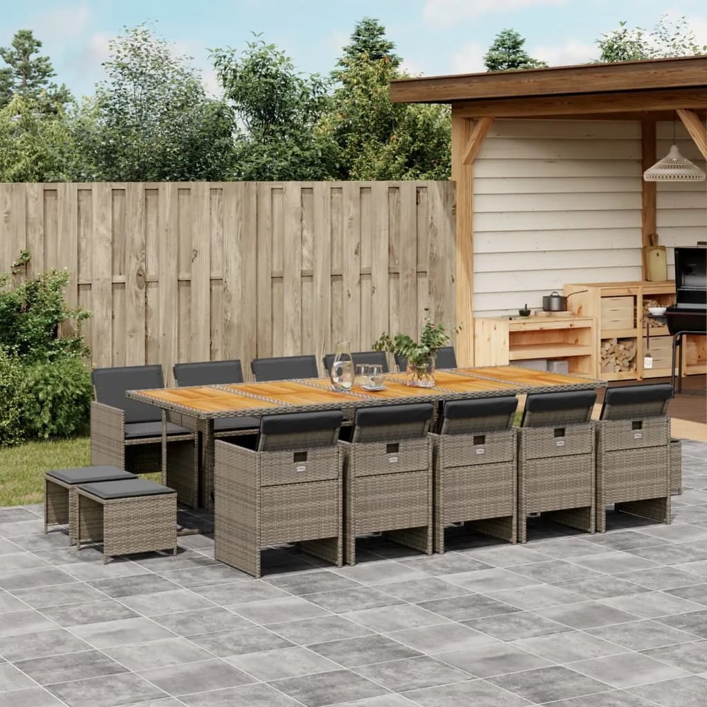 vidaXL 15 pcs conjunto jantar p/ jardim c/ almofadões vime PE cinzento