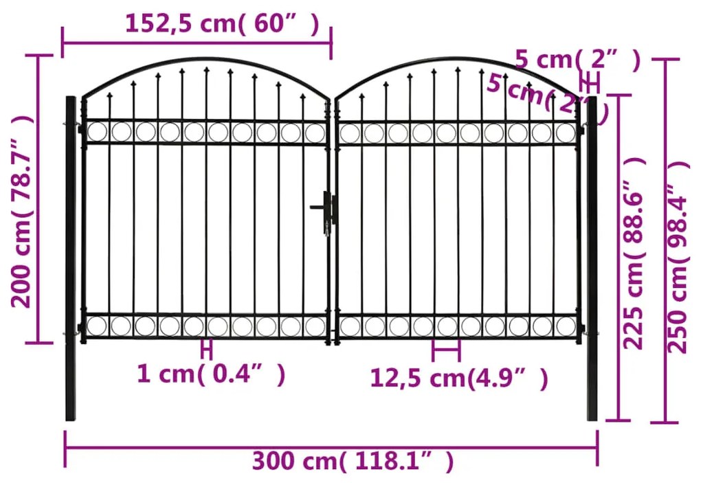 Portão p/ cerca porta dupla e topo arqueado 300x200cm aço preto