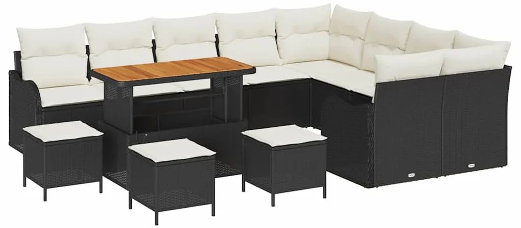 Conjunto de Sofá de Jardim de 13 Peças com Almofadas Preto Vime Poliés