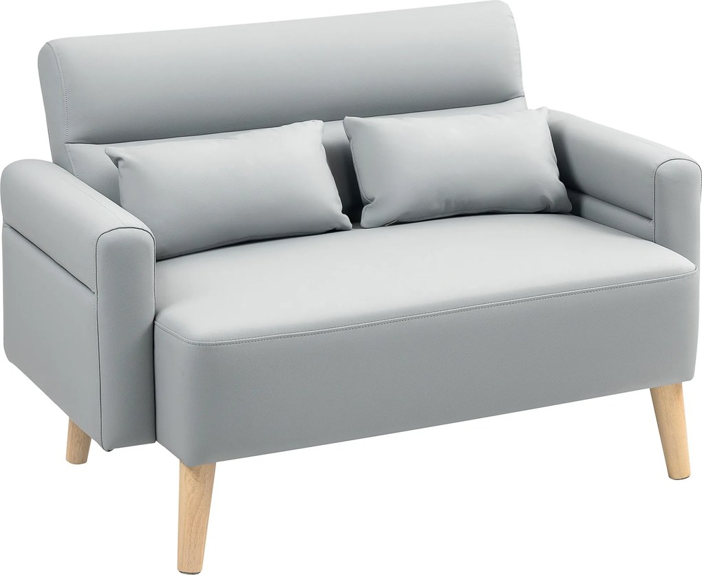 HOMCOM Sofá de 2 Lugares Estofado em Couro Sintético Sofá de Sala de Estar com Braços Acolchoados e Pernas de Madeira 117x78x78 cm Cinza | Aosom Portugal