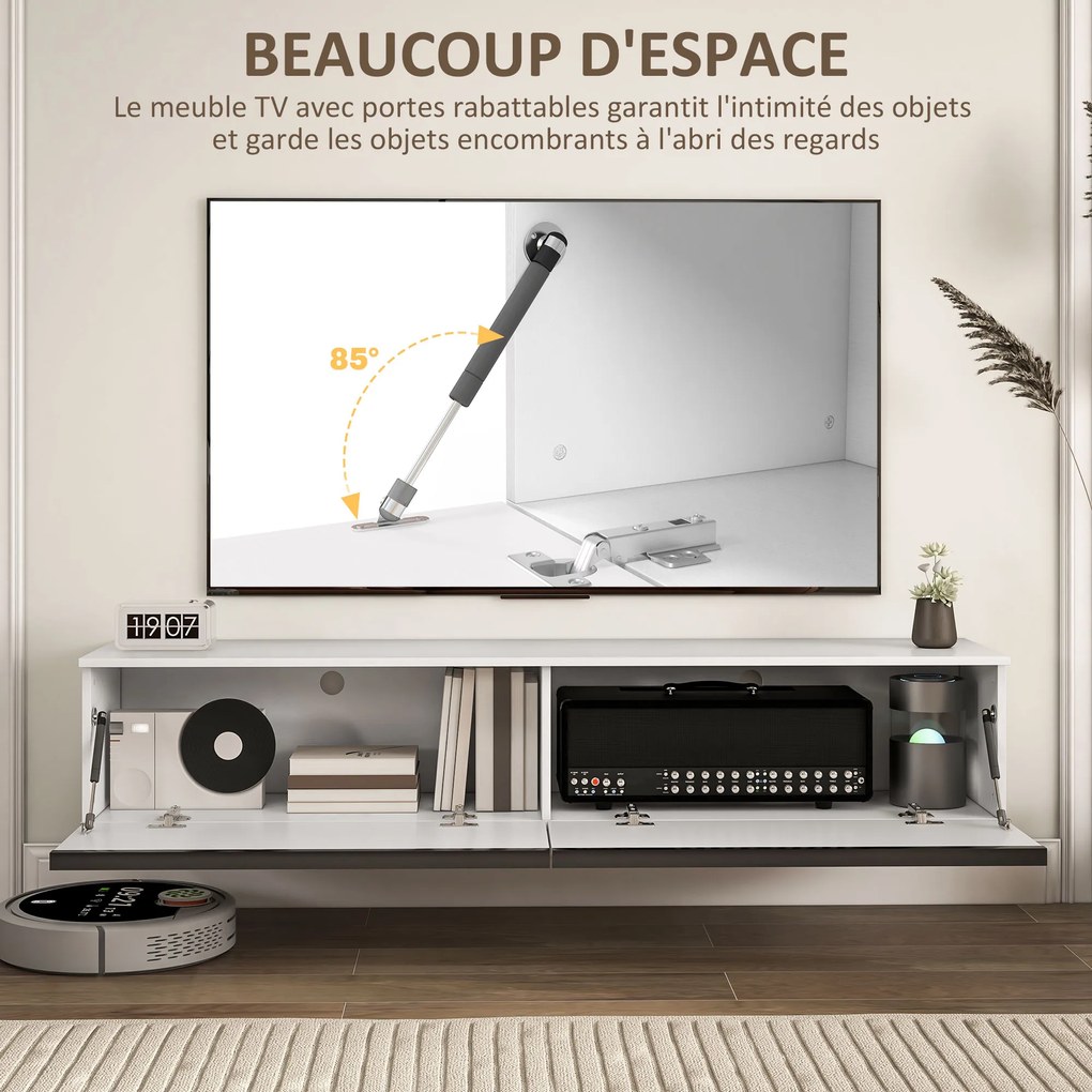Móvel de TV suspenso com armário 160 x 35 x 30 cm, para televisores até 70 polegadas, acabamento brilhante, branco