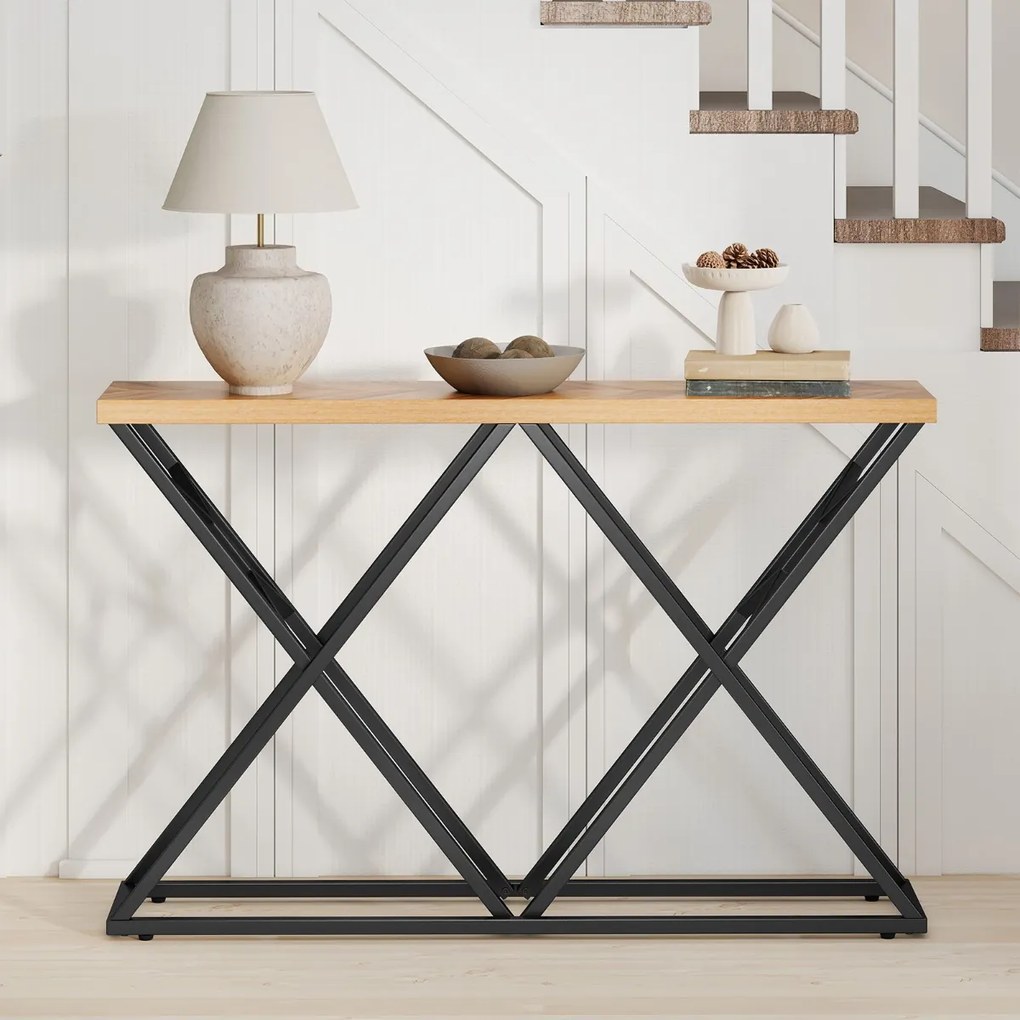 Mesa consola 140 x 29,5 x 90 cm em estilo rústico e industrial, com base metálica geométrica e tampo de madeira natural Natural e preta