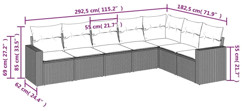 7 pcs conj. sofás jardim com almofadões vime PE cinzento-claro