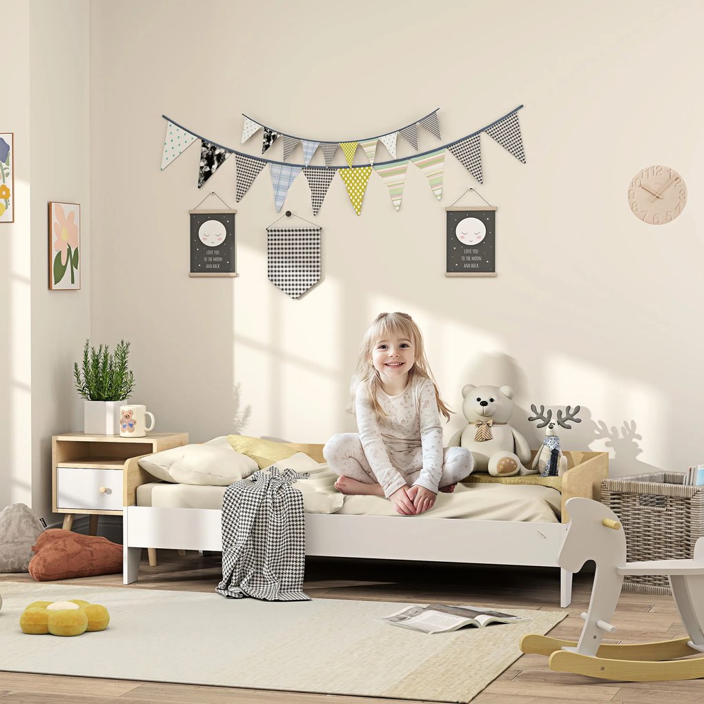 Cama infantil com base de ripas e painéis laterais altos, design baixo em madeira, 143,5 x 74 x 40 cm, branca