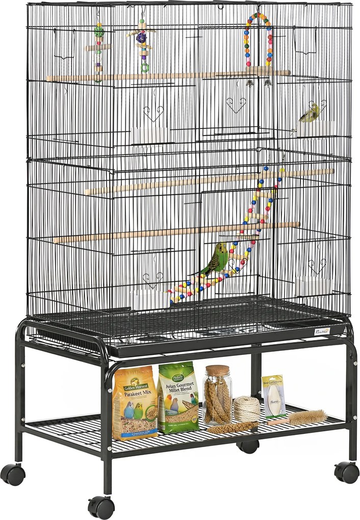 PawHut Gaiola para Pássaros com Rodas com 4 Comedouros 3 Poleiros Brinquedos Bandeja Amovível e Prateleira 79x49x133 cm Preto | Aosom Portugal