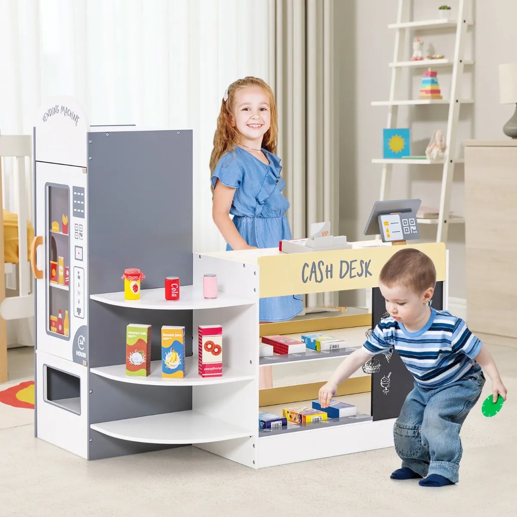Supermercado de madeira para crianças com caixa registadora e máquina de venda automática POS para crianças dos 3 aos 8 anos de idade Branco