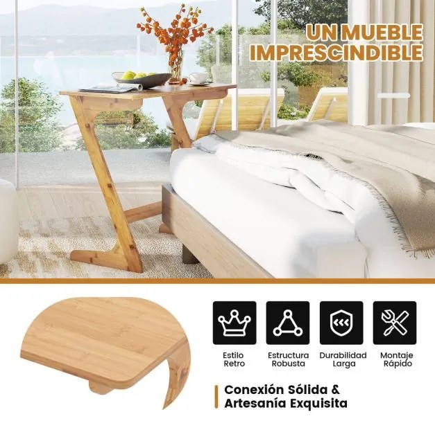 Mesa Auxiliar de Bambu para Sofá 75 cm x 40 cm x 70 cm com Ampla Superfície Secretária para Portátil que Economiza Espaço Montagem Rápida de Aperitivo