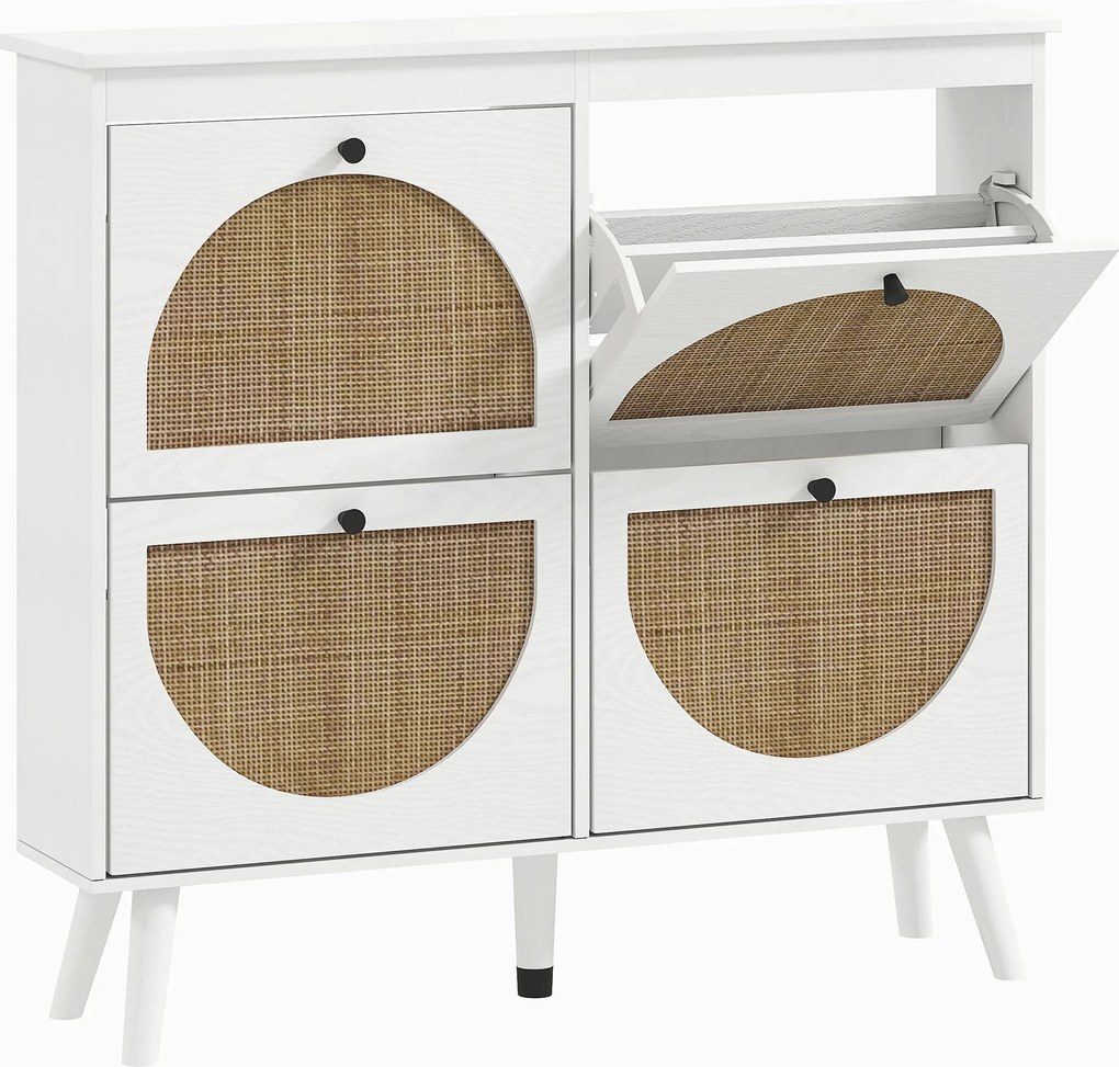 HOMCOM Móvel para Sapatos 4 Reclináveis 20 Pares Prateleira Ajustável Estilo Boêmio Pés em Madeira Maciça 105x24x97,5 cm Branco | Aosom Portugal