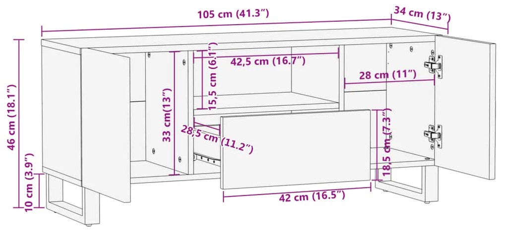 Móvel de TV 100x34x46 cm madeira de mangueira maciça castanho