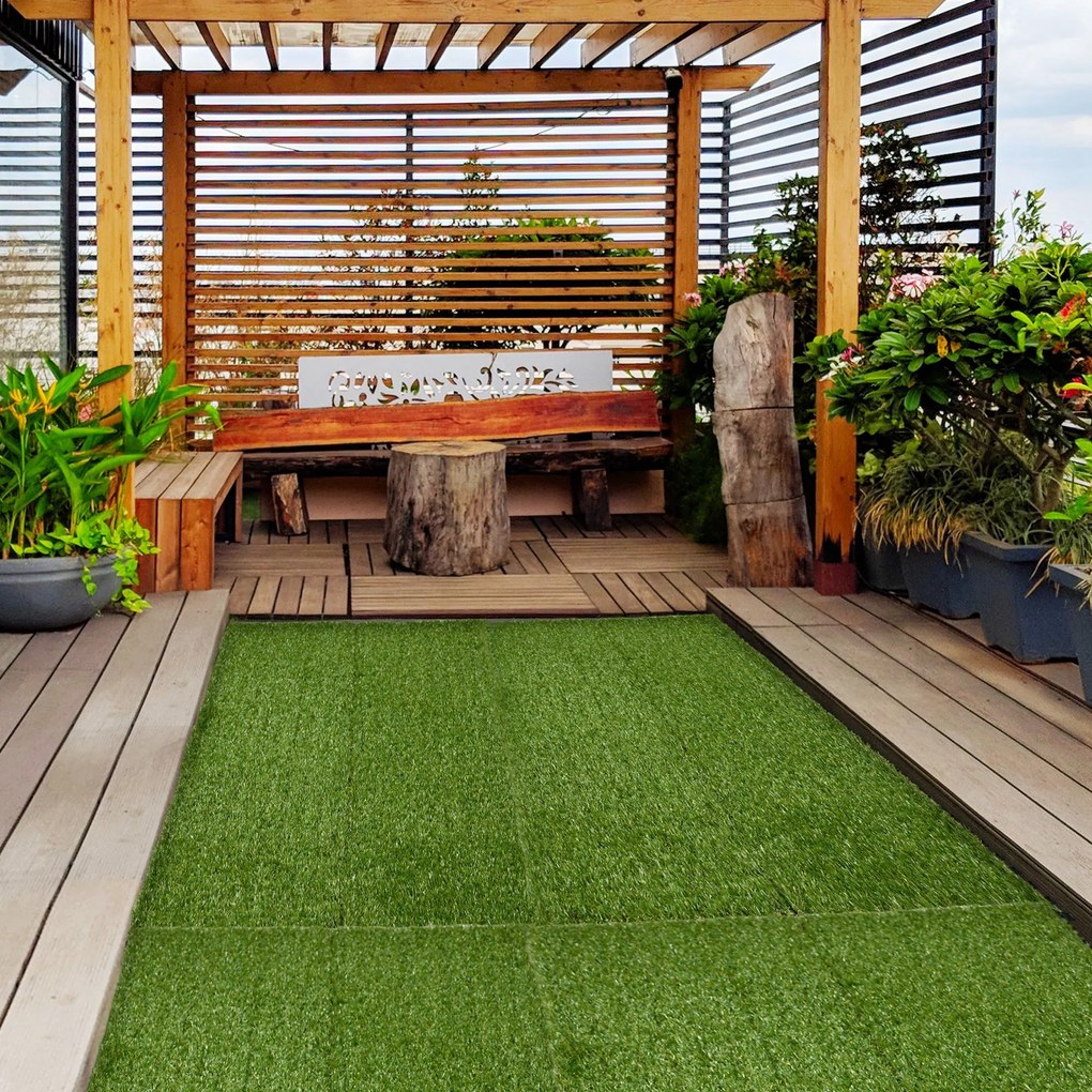 Conjunto de 10 placas quadradas de 30 x 30 cm Relva sintética artificial espessura «Conforto» de 3,5 cm, encaixáveis, verde