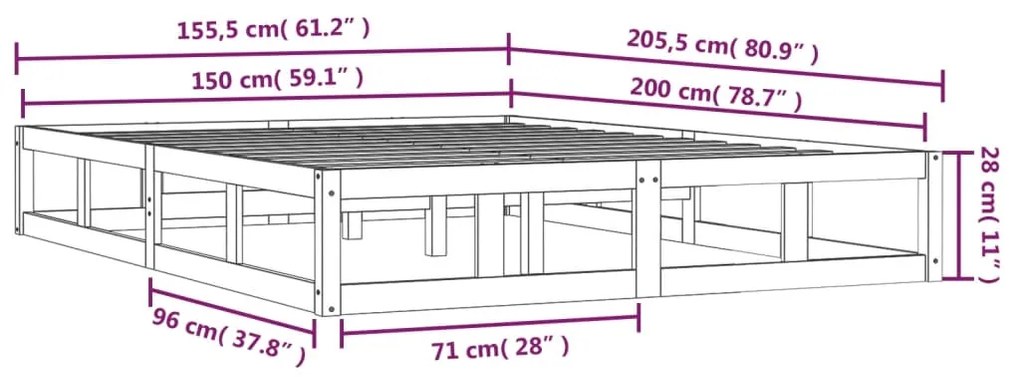 Estrutura de cama king 150x200 cm madeira maciça cinzento