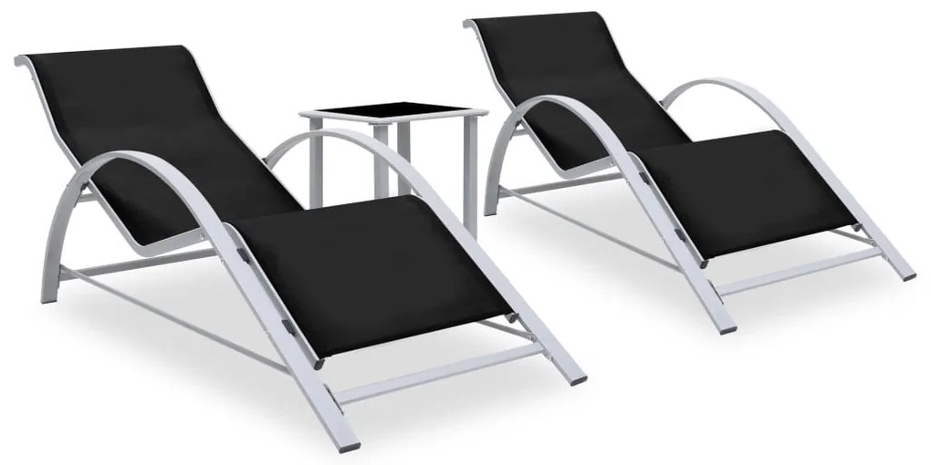 vidaXL Espreguiçadeiras com mesa 2 pcs alumínio preto