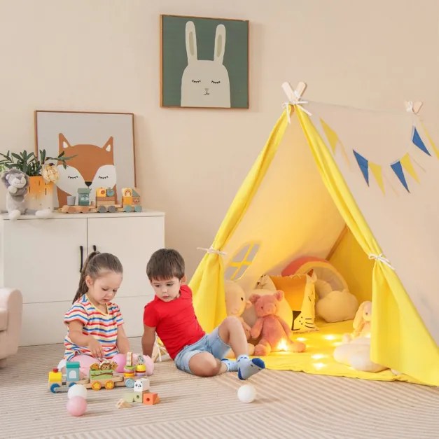 Tenda de brincar infantil com estrutura de madeira, tenda de lona de algodão para teatro infantil interno e externo Bege + Amarelo