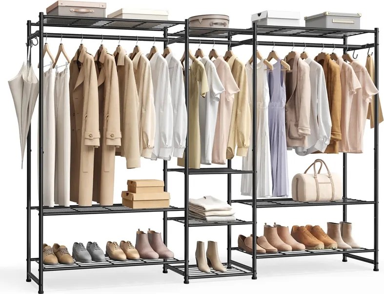 Guarda roupa aberto 30 x 206,4 x 157,1 cm com 10 prateleiras e 3 varões para cabides Preto