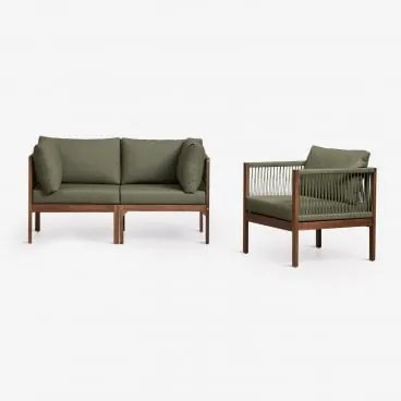 Conjunto De Sala Com Sofá Modular De 2 Peças Com Apoios De Braço E Poltrona Em Madeira De Acácia Branson Verde Oliva Intenso - Sklum