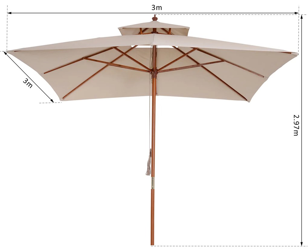 Guarda-sol 3x3m de Bambu Madeira para Jardim Terraço Pátio Praia Tecto Duplo Rectângulo Poste de 48mm Creme