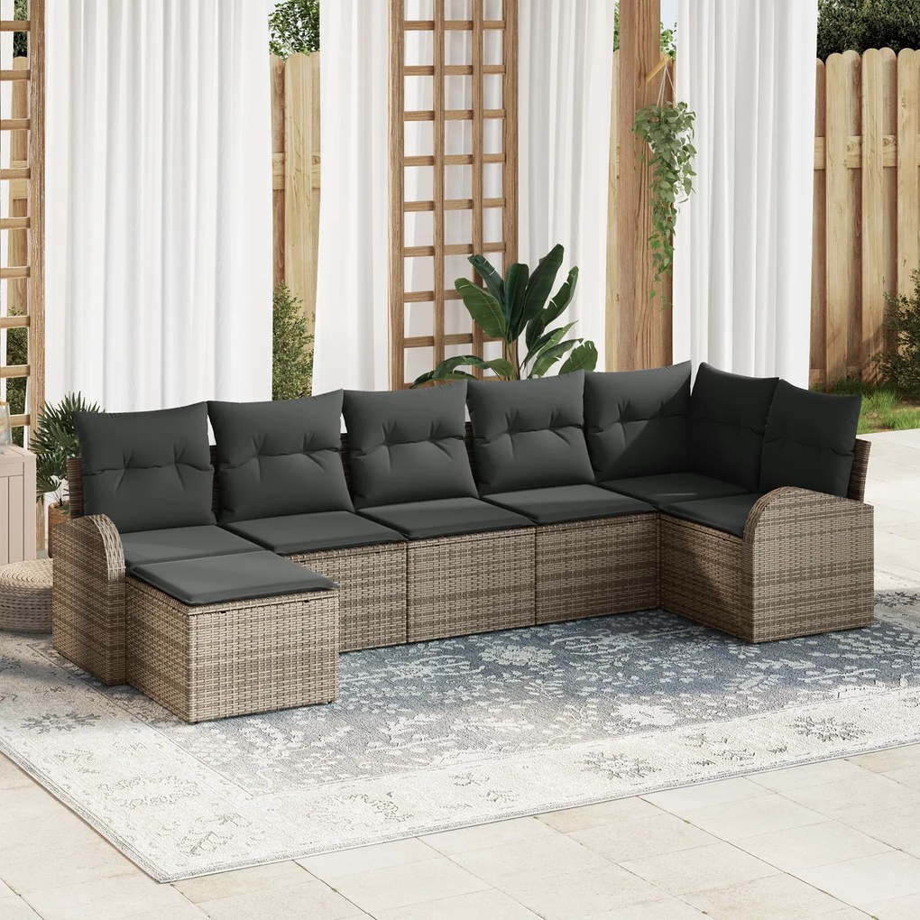 vidaXL Conjunto de Sofá de Jardim com 7 Peças e Almofadas Cinza em Rattan Poliéster