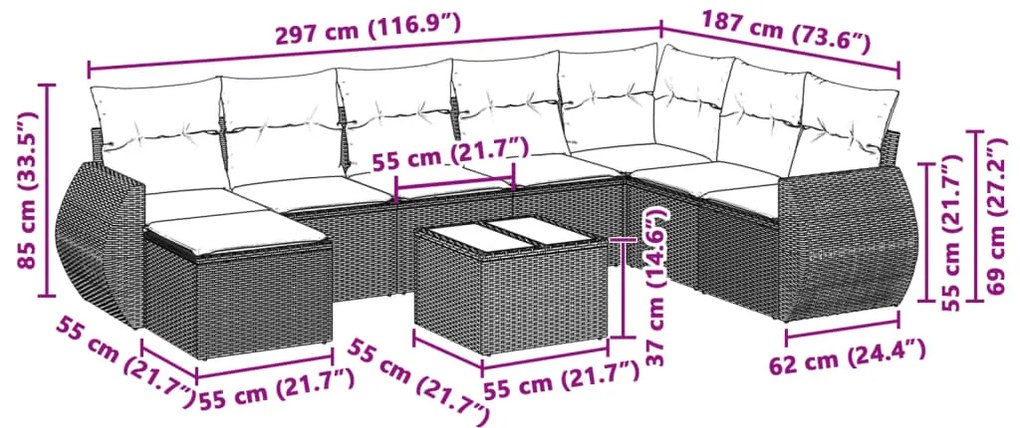 8 pcs conj. sofás jardim c/ almofadões vime PE cinzento-claro