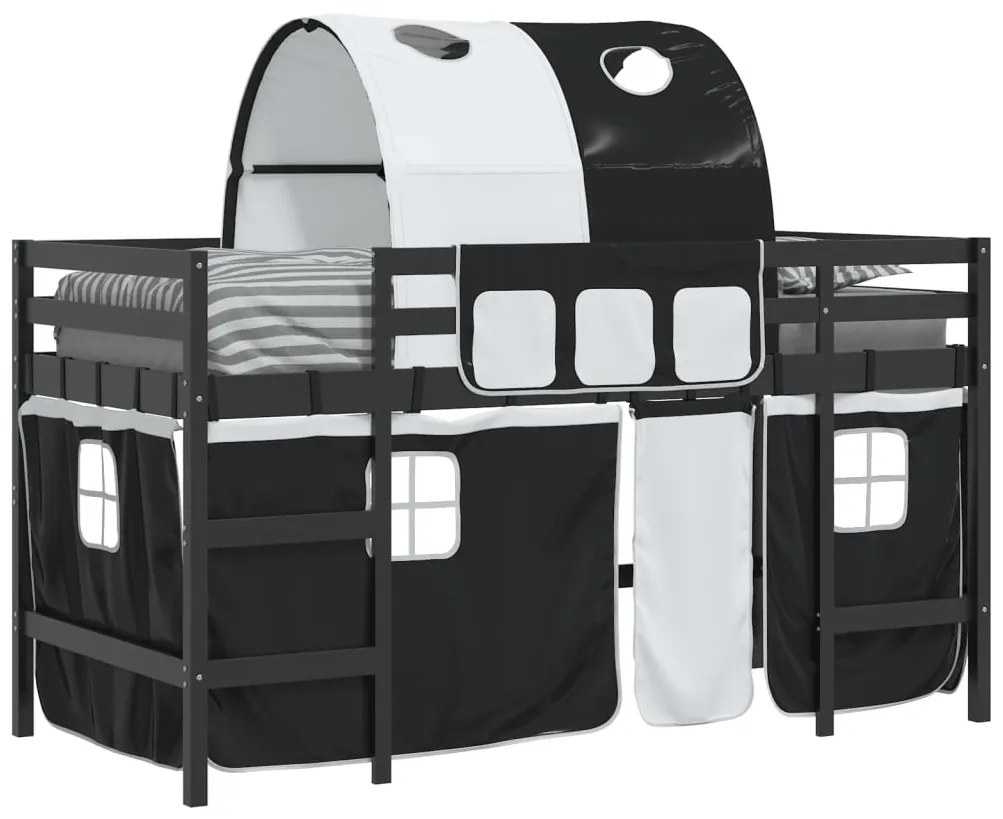 Cama alta criança c/ túnel 90x200 cm pinho maciço branco/preto