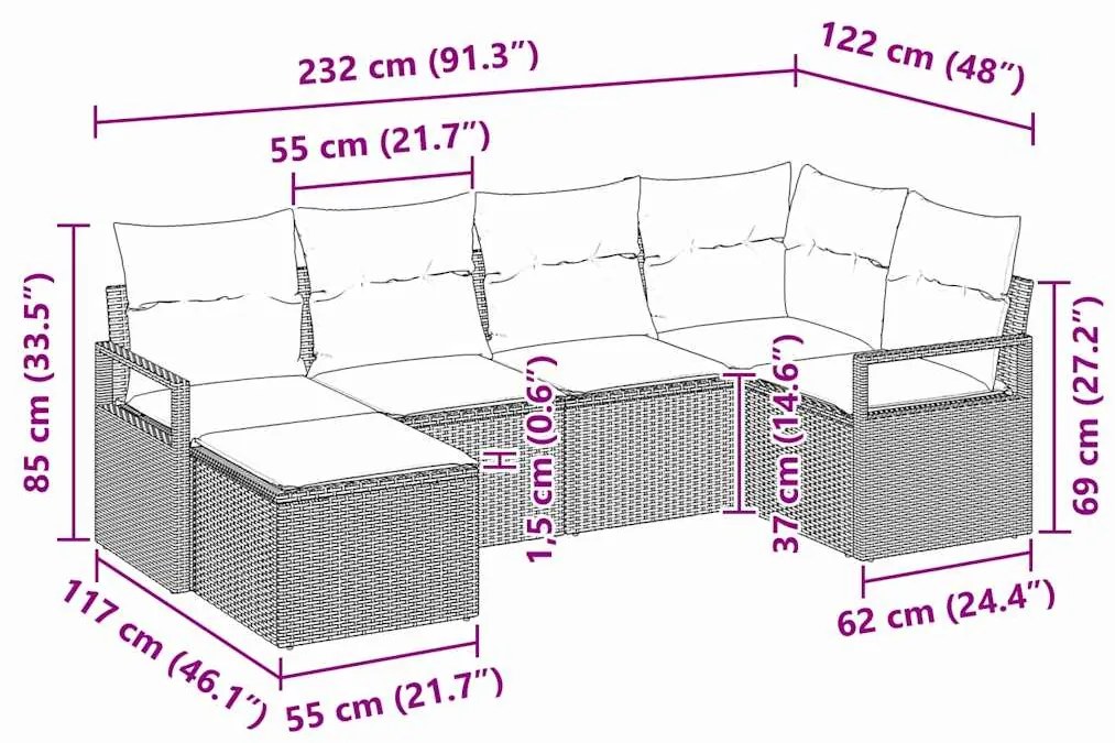 Conjunto de Sofá para Jardim com 6 Peças e Almofadas Castanho de Ratta