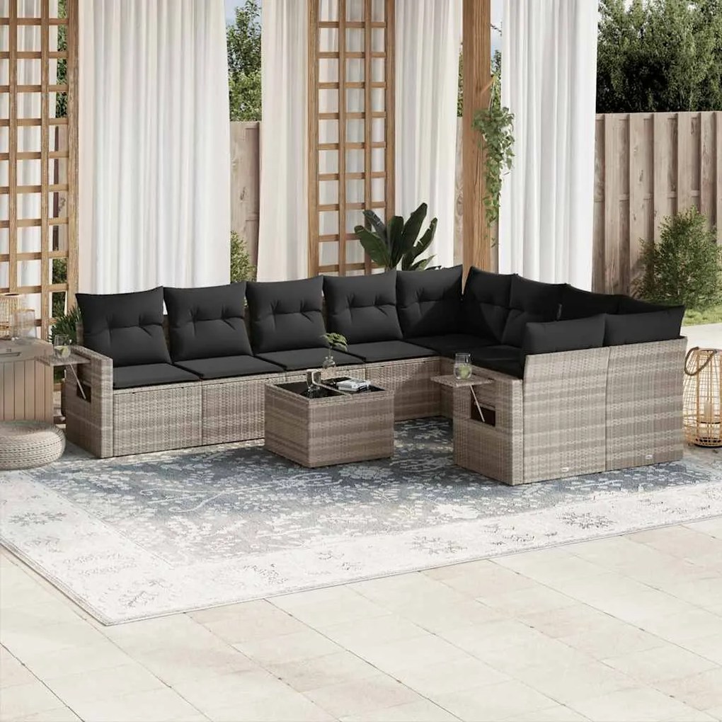 vidaXL 10 pcs conj. sofás jardim com almofadões vime PE cinzento-claro