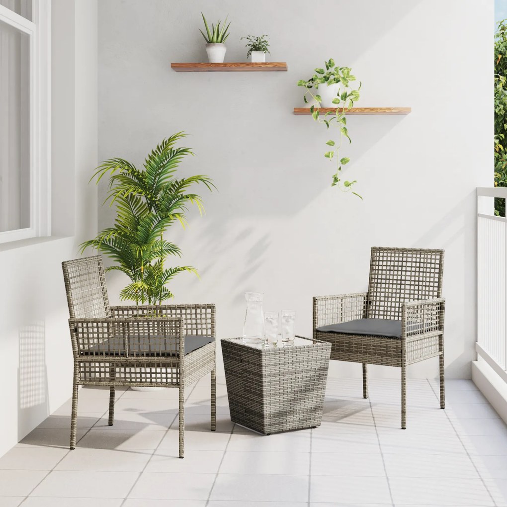 Conjunto de Bistro de Jardim 3 Peças com Almofadas Cinza Vime Poly