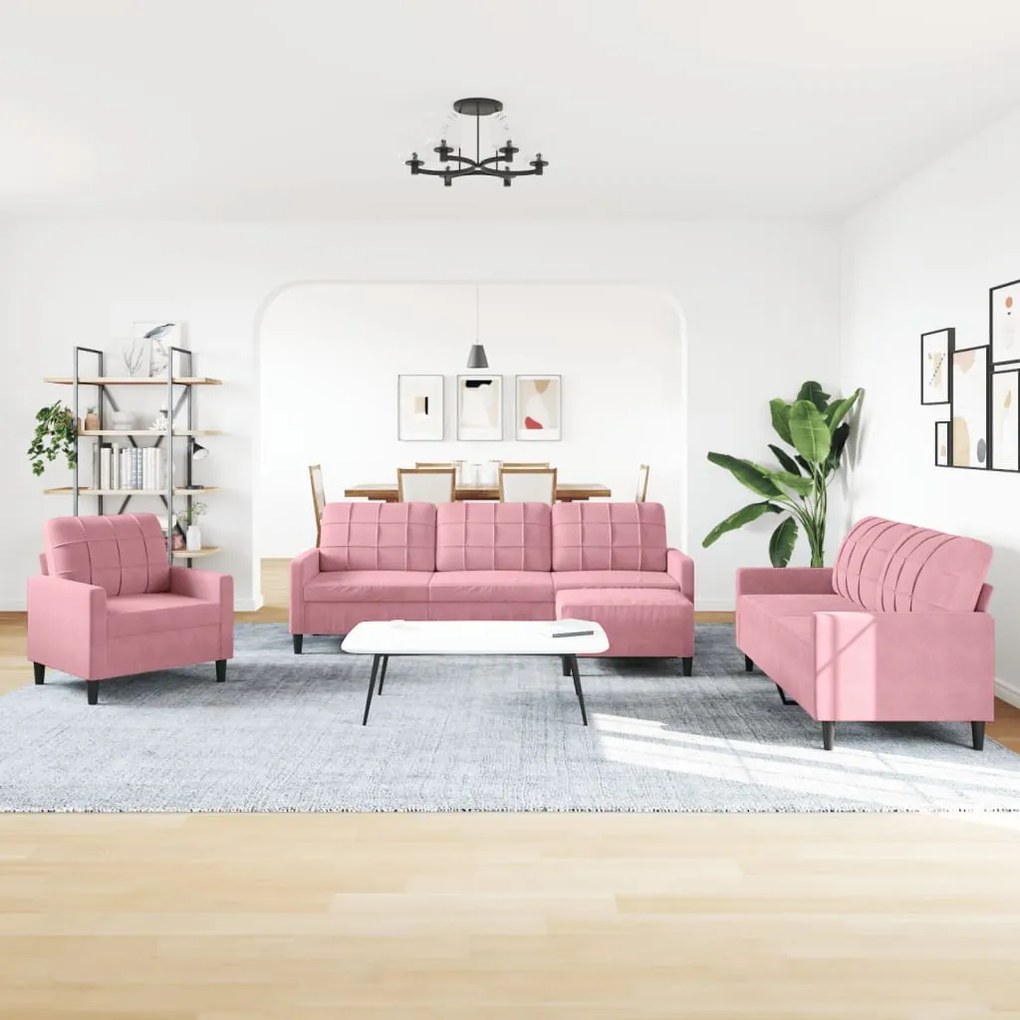4 pcs conjunto de sofás com almofadões veludo rosa