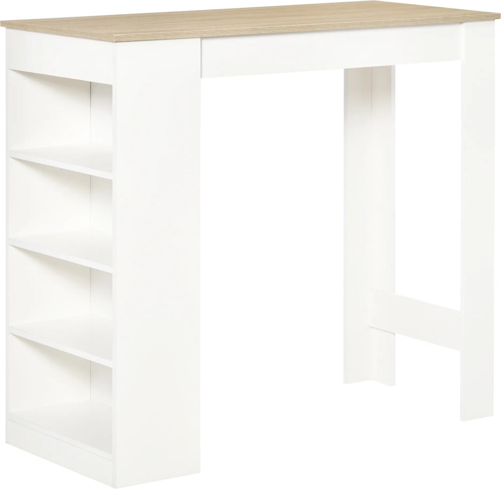 Mesa de bar para 2 pessoas, mesa alta para refeições em pé com 4 prateleiras abertas, 115 x 50 x 102,7 cm, branca e em madeira natural