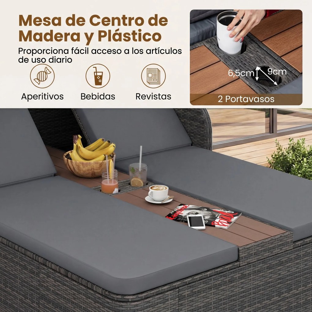 Cama de rattan jardim dupla com toldo retrátil 203 x 159 x 141 cm, encostos ajustáveis e mesa central com porta-copos para jardim, piscina e terraço c