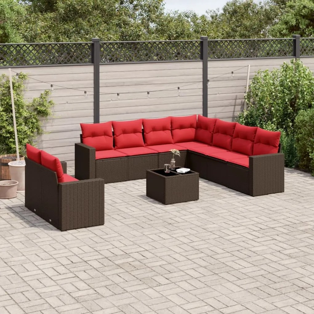 vidaXL 10 pcs conj. sofás jardim com almofadões vime PE castanho