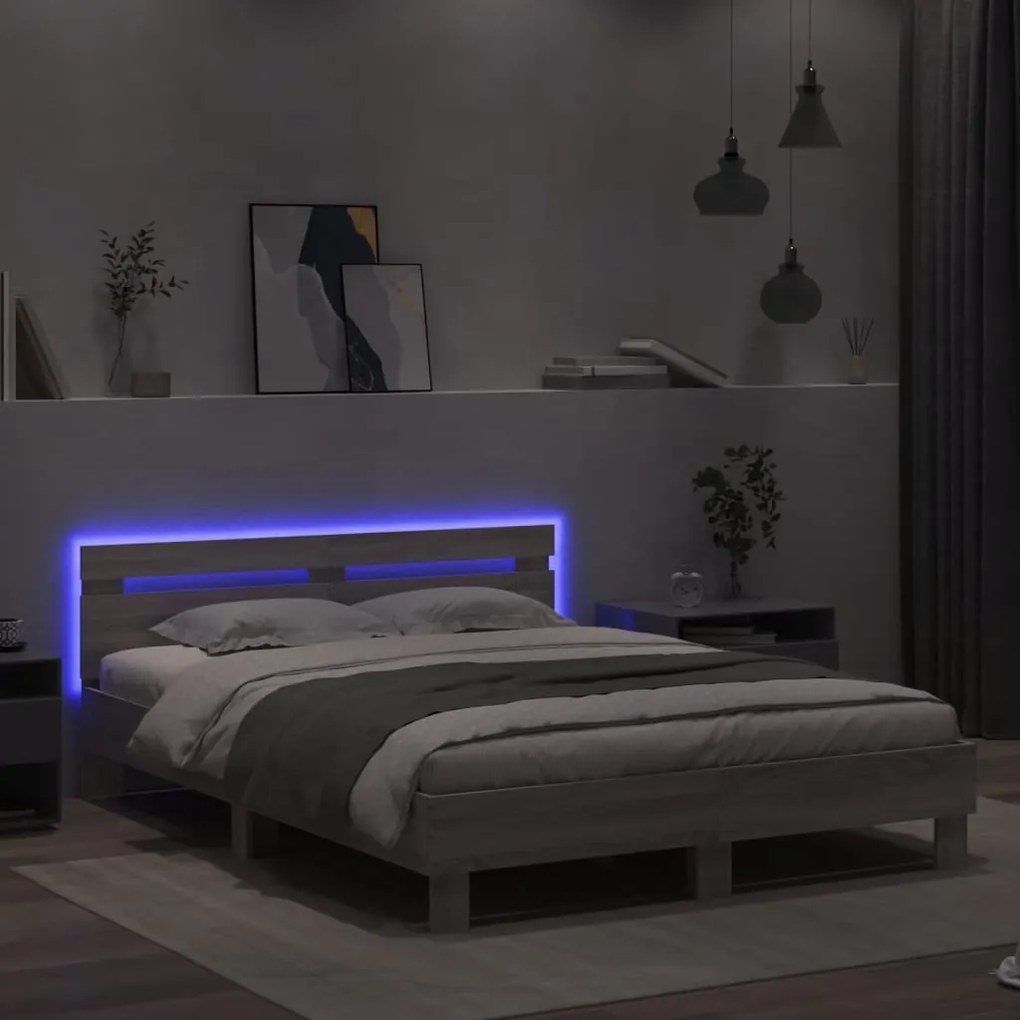 Estrutura cama c/ cabeceira/luzes LED 140x200cm cinzento sonoma