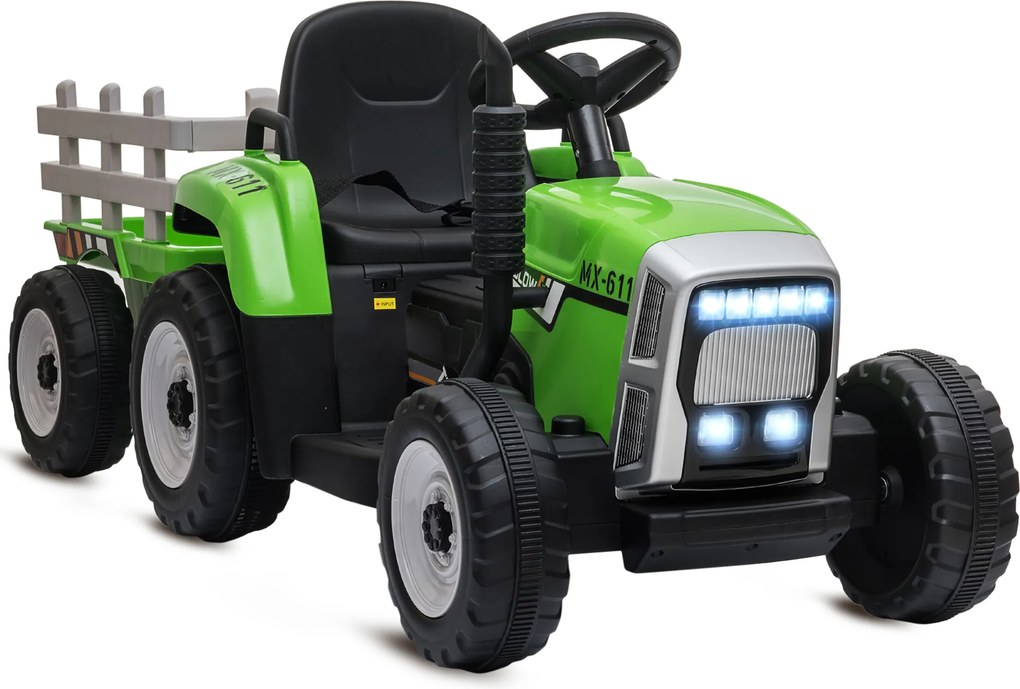 Trator Elétrico com Reboque Amovível com Controlo Remoto Música MP3 Luzes e Cinto de Segurança 136,5x50x52,5 cm Verde