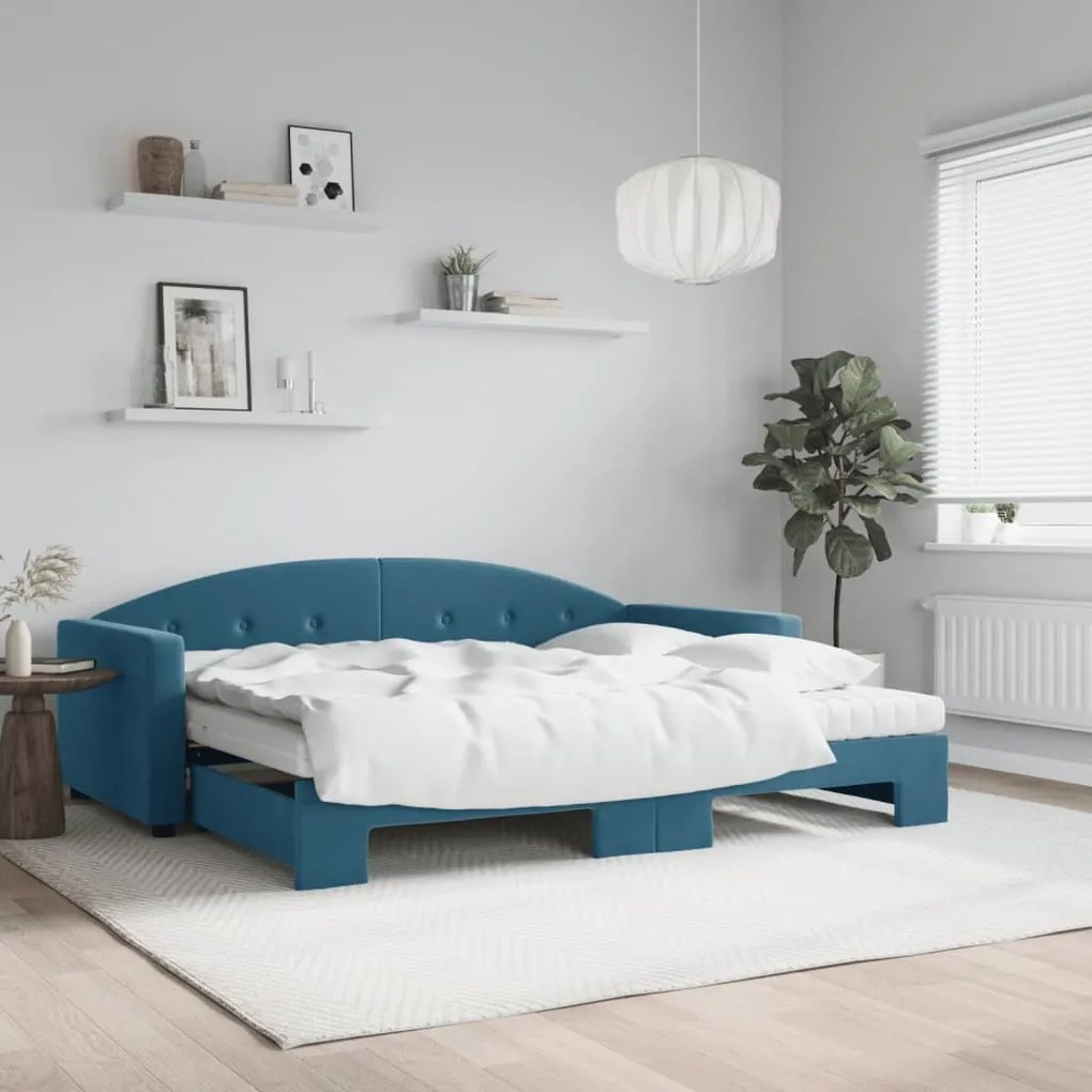 vidaXL Sofá-cama com gavetão e colchões 90x200 cm veludo azul