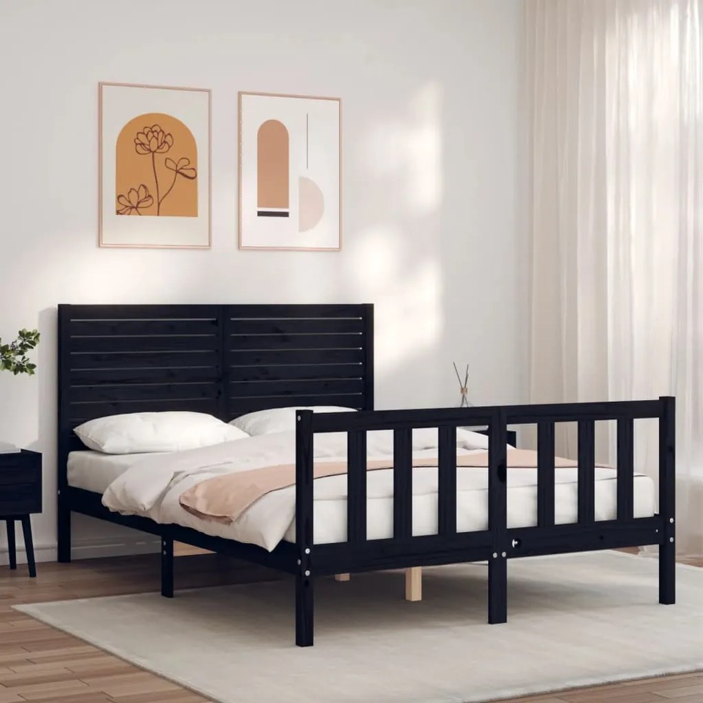 vidaXL Estrutura de cama com cabeceira 140x190 cm madeira maciça preto