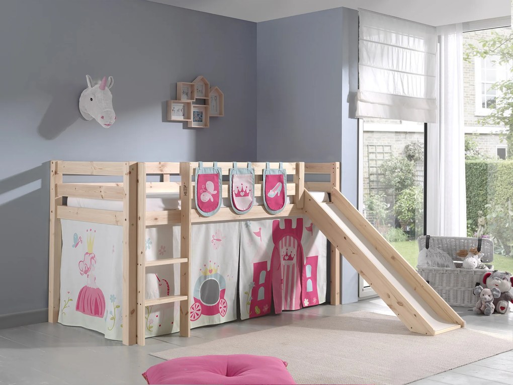 Conjunto Cama alta de Criança PINO 90 x 200 cm + estrado + escada + escorrega + cortina + bolsas de arrumação Princesa Natural