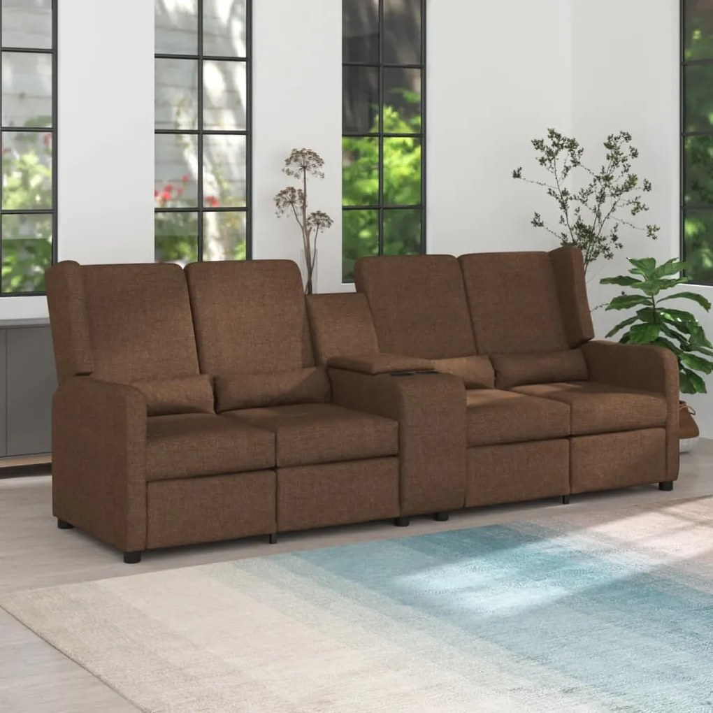 vidaXL Sofá reclinável 4 lugares c/ suporte copos tecido castanho