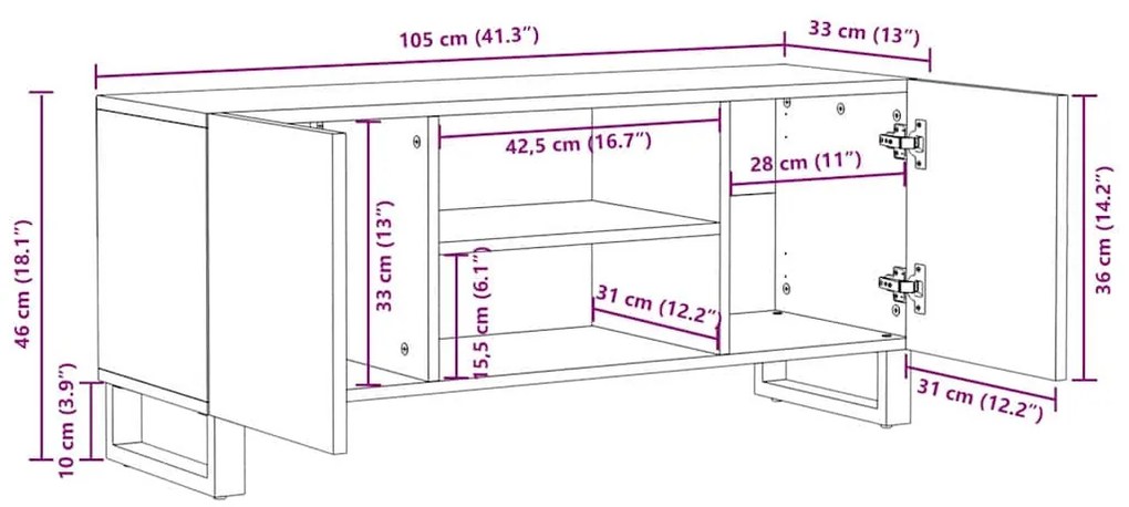 Armário de TV , 105 x 33,5 x 46 cm, feito de madeira de manga sólida.