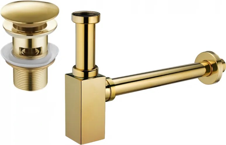 Mexen meia-sifão quadrado para lavatório com ralo clique-clique, com extravasor, dourado - 7992060-50