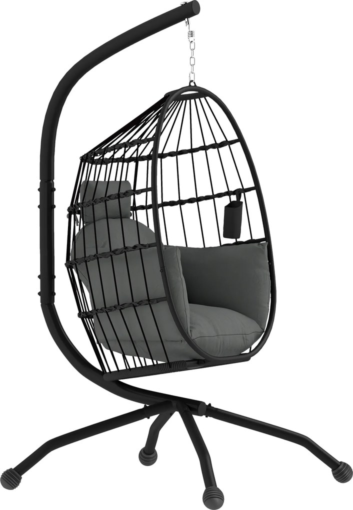 Cadeira Suspensa com Suporte Cadeira Baloiço de Jardim com Cesto Dobrável Almofada e Apoio para a Cabeça 120x88x192 cm Preto