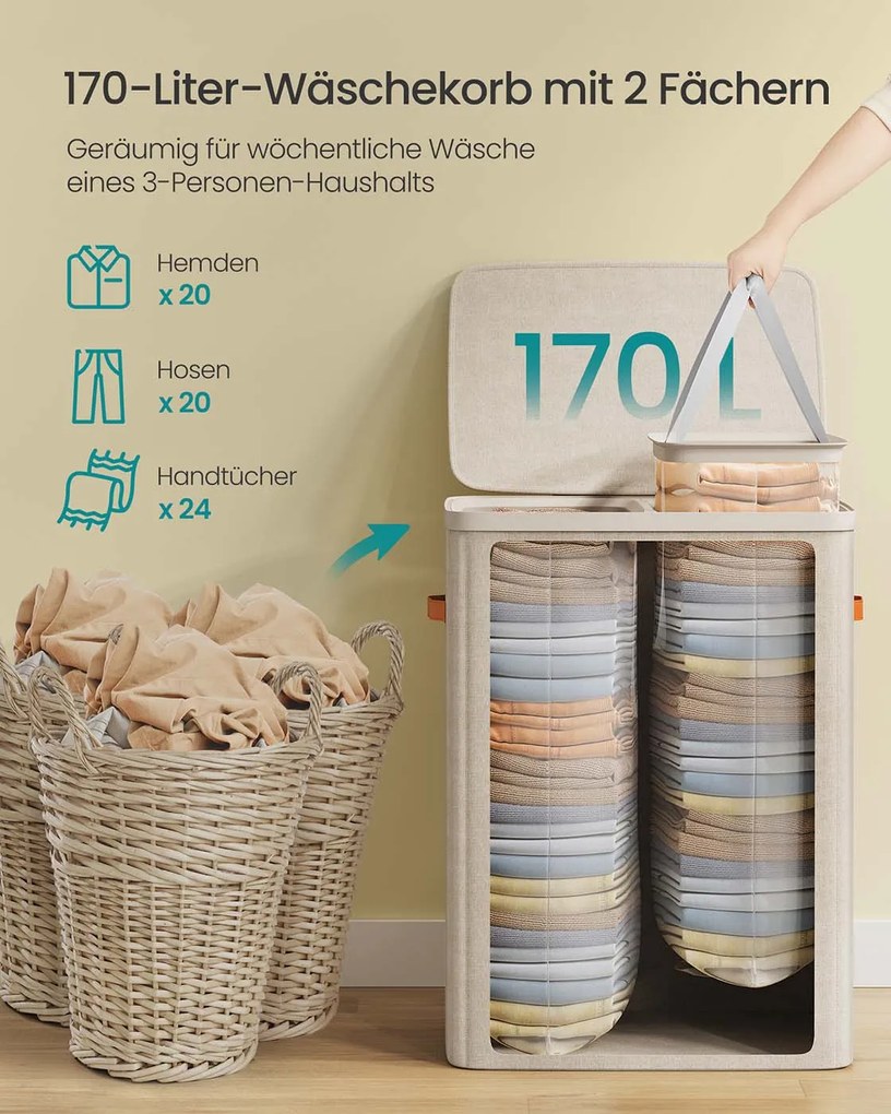 Cesto para roupa suja 170 L com 2 compartimentos 56 x 40 x 75 cm bege cappuccino