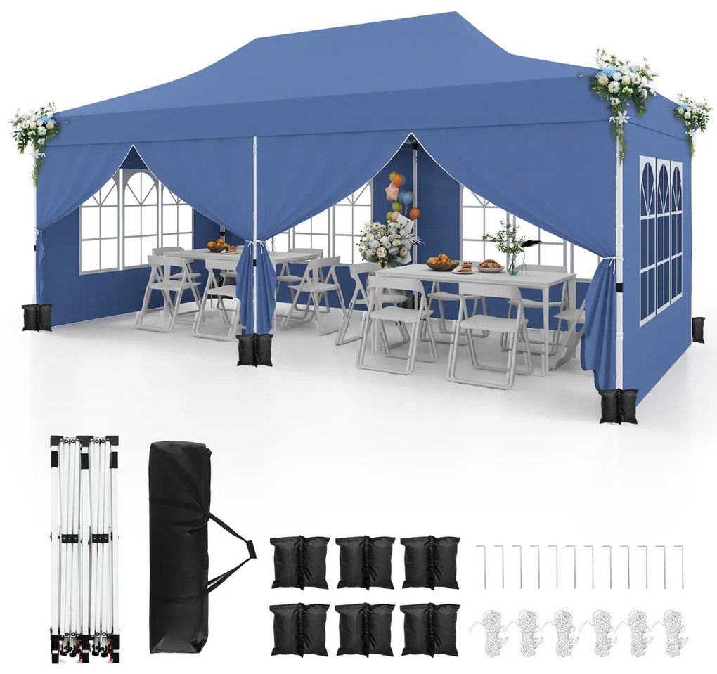 Tenda jardim, festas, eventos de 600 x 300 cm com 6 paredes laterais removíveis, com 6 pesos com bolsa de transporte Azul