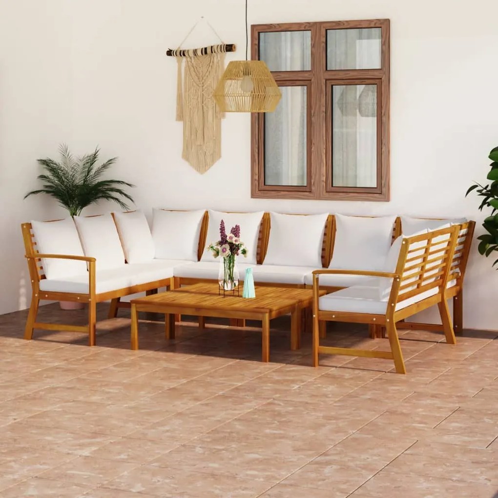 vidaXL 9 pcs conj. lounge de jardim c/ almofadões acácia maciça creme