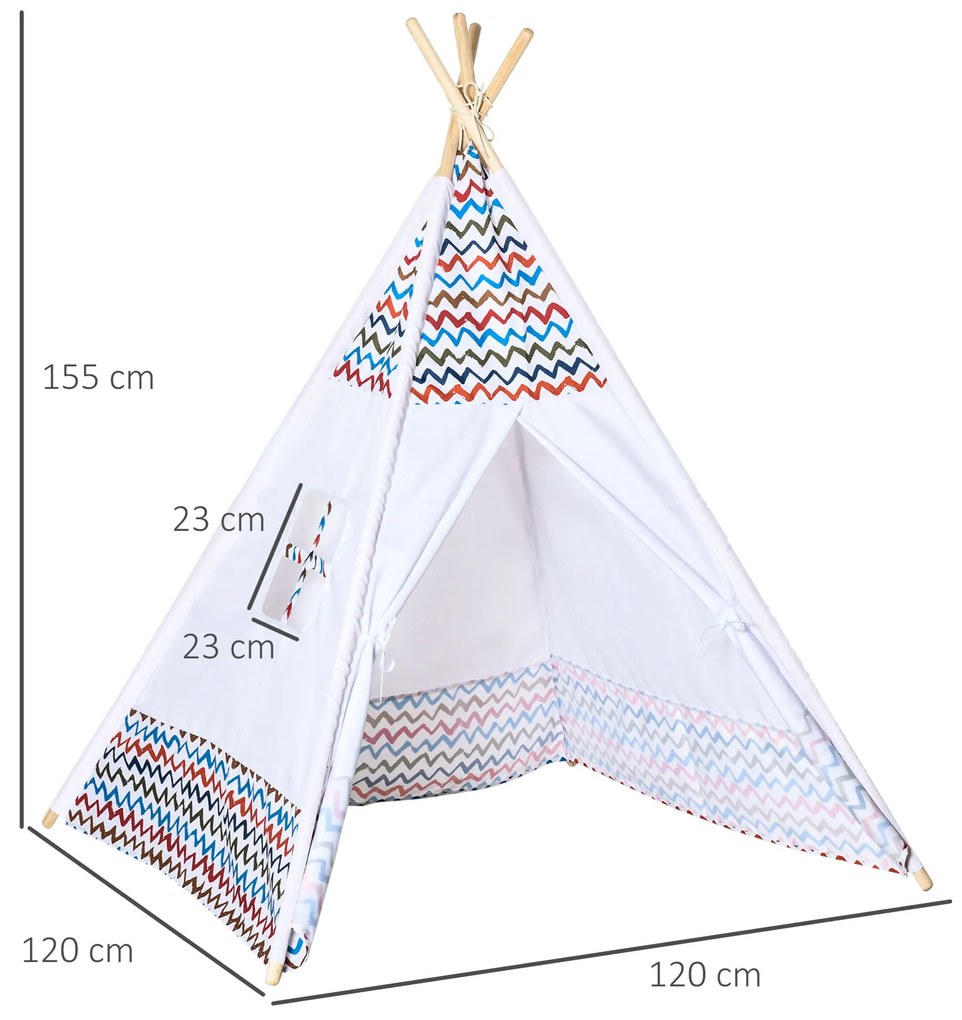 HOMCOM Tenda Tipi para Crianças acima de 3 Anos Tenda Tipi Infantil de Madeira Portátil com Janela para Interiores e Exteriores 120x120x155cm Branco