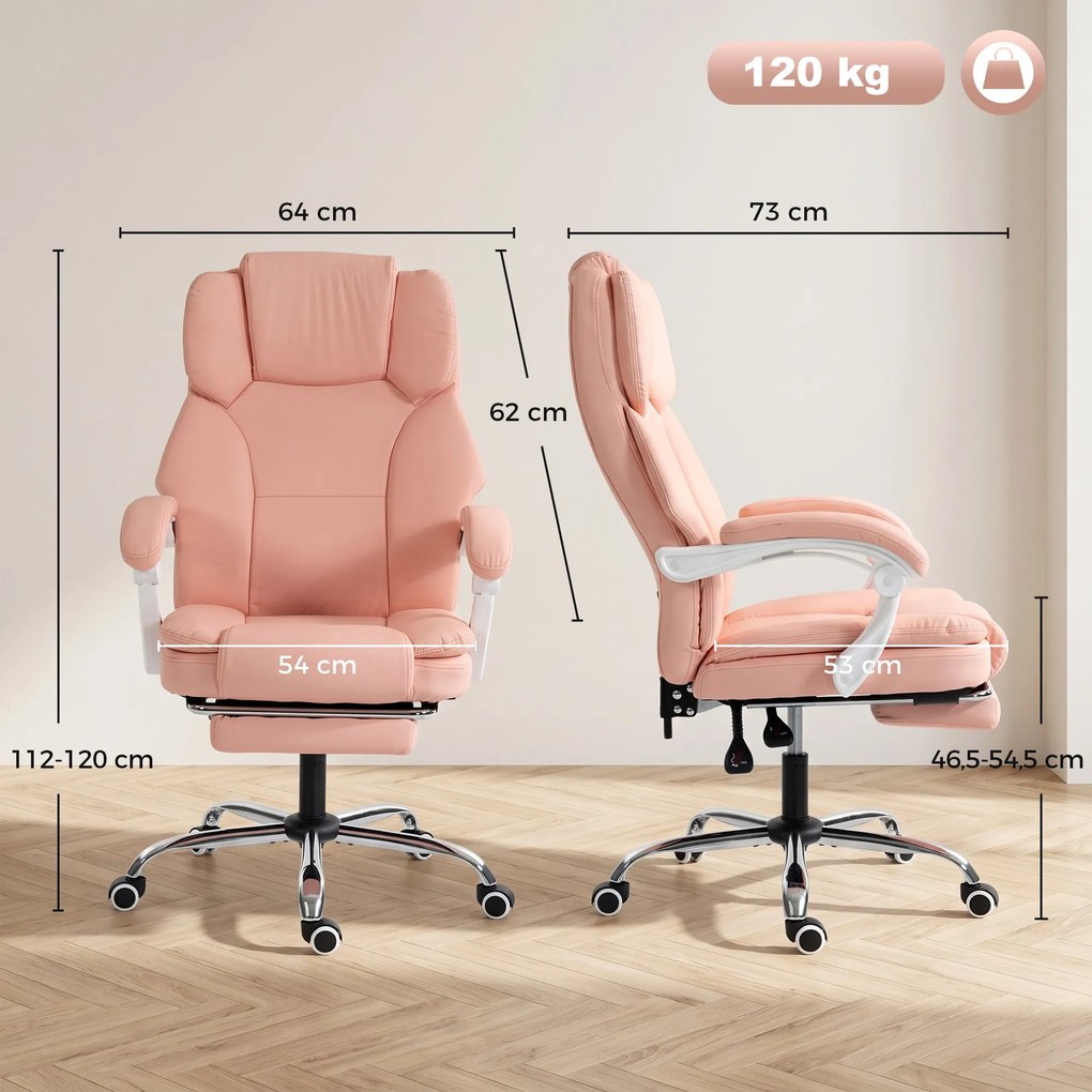 Cadeira de escritório ergonómica, cadeira de escritório reclinável em couro sintético, adequada para animais de estimação, altura ajustável, cor-de-ro