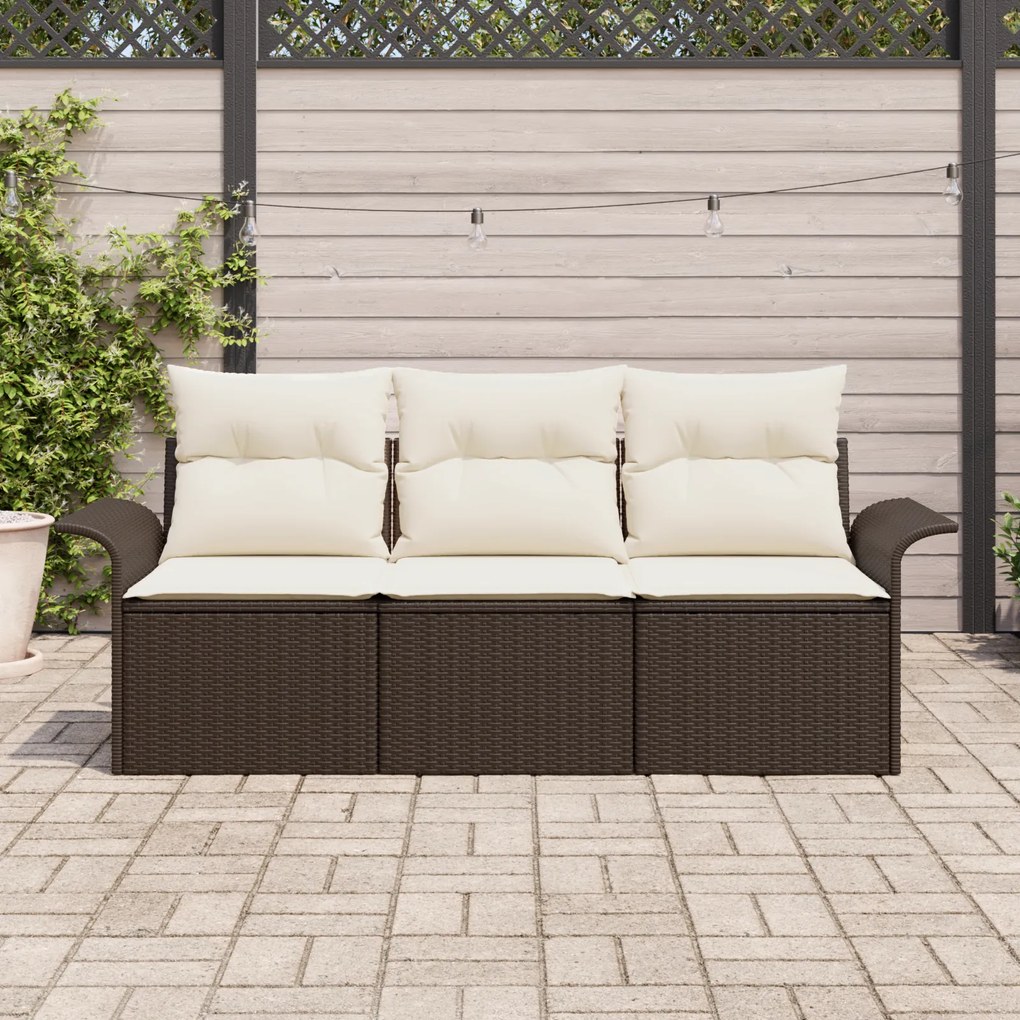 Conjunto de Sofá de Jardim vidaXL 3 Peças com Almofadas Castanho Polí