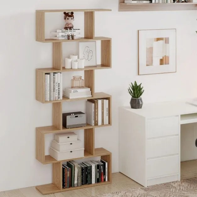 Estante de livros de 6 níveis em forma de S 80 x 23 x 191 cm para escritório ou sala de estar Natural