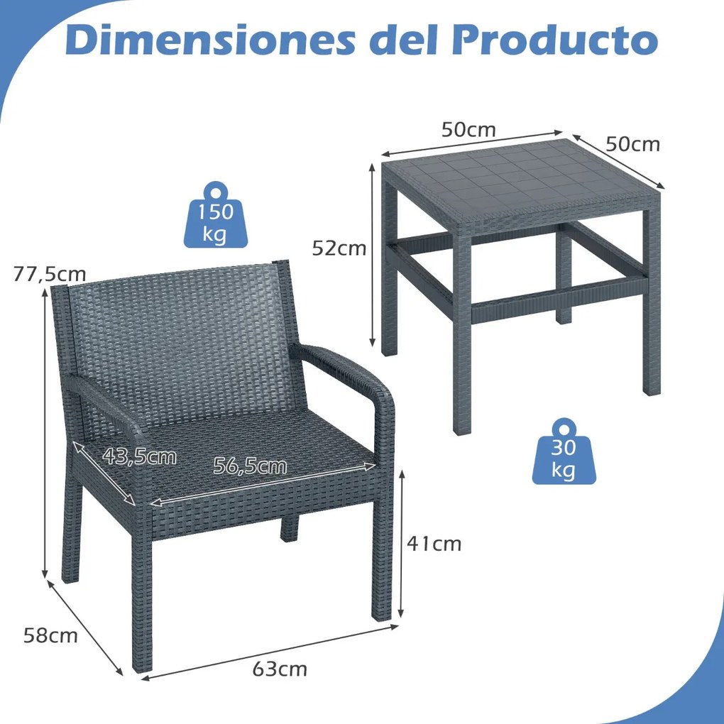 Conjunto de móveis de jardim de 3 peças com 2 cadeiras de rattan e mesa auxiliar de rattan PP Cinzento